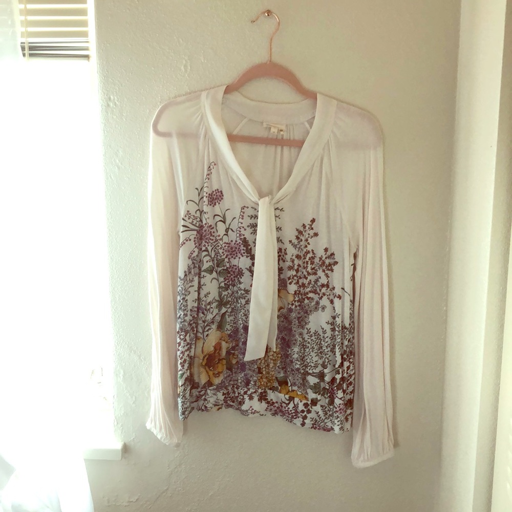 Anthropologie Cream Floral Tie Blouse